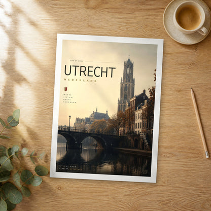 Unframed Utrecht bold typography travel poster on a wooden table