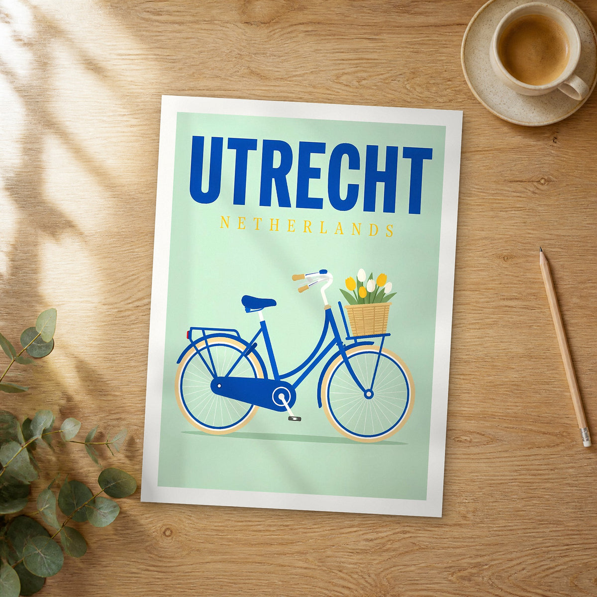 Unframed Utrecht pop art travel poster on a wooden table