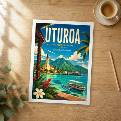Unframed Uturoa retro travel poster on a wooden table