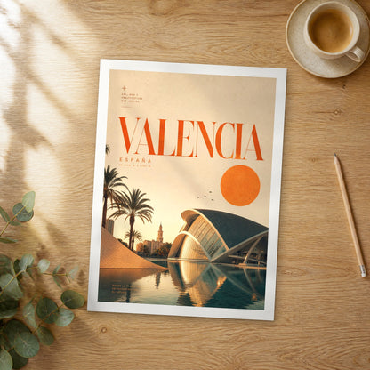 Unframed Valencia bold typography travel poster on a wooden table