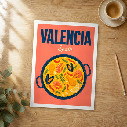 Unframed Valencia pop art travel poster on a wooden table