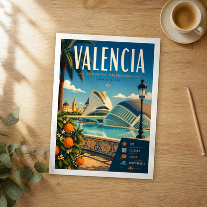 Unframed Valencia retro travel poster on a wooden table