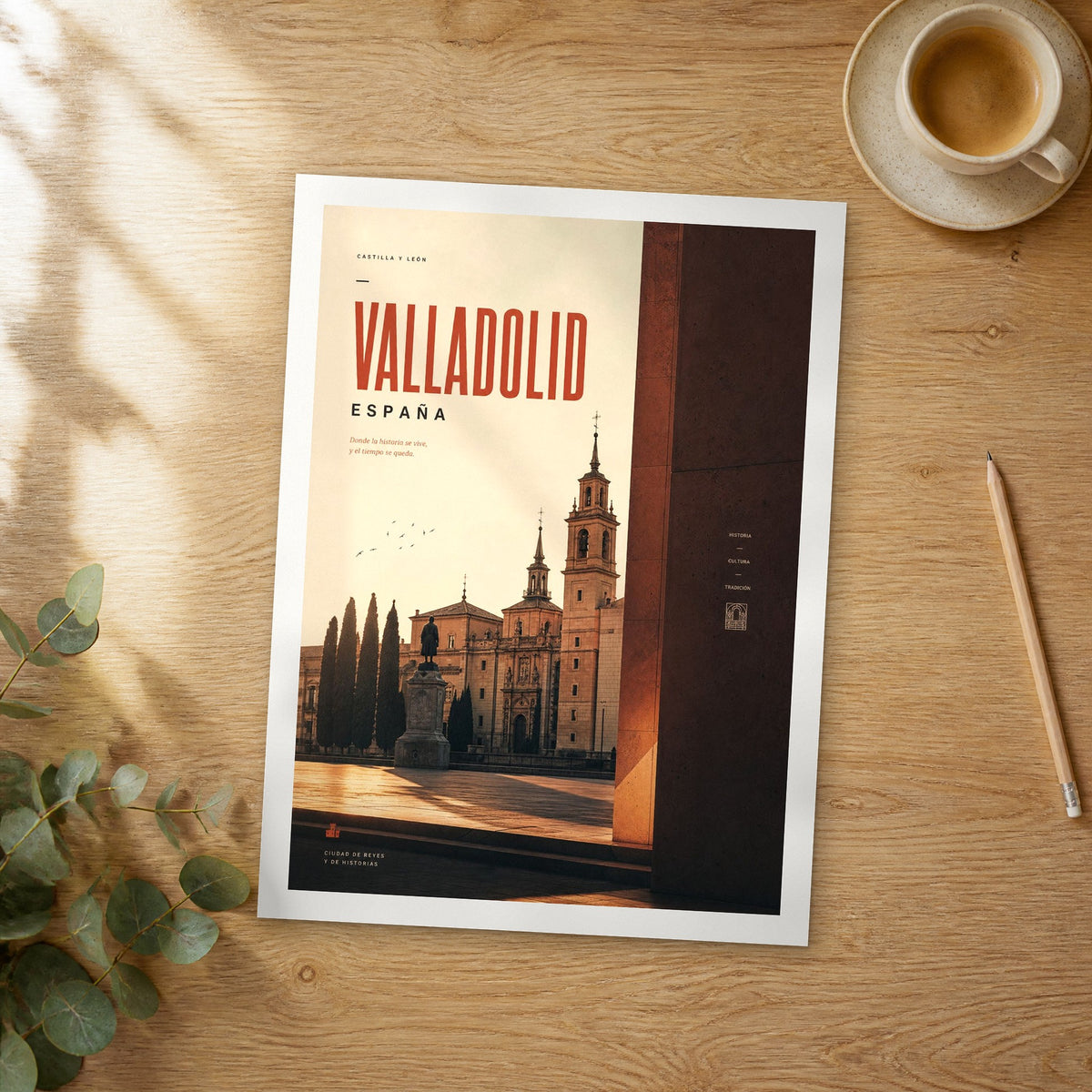 Unframed Valladolid bold typography travel poster on a wooden table