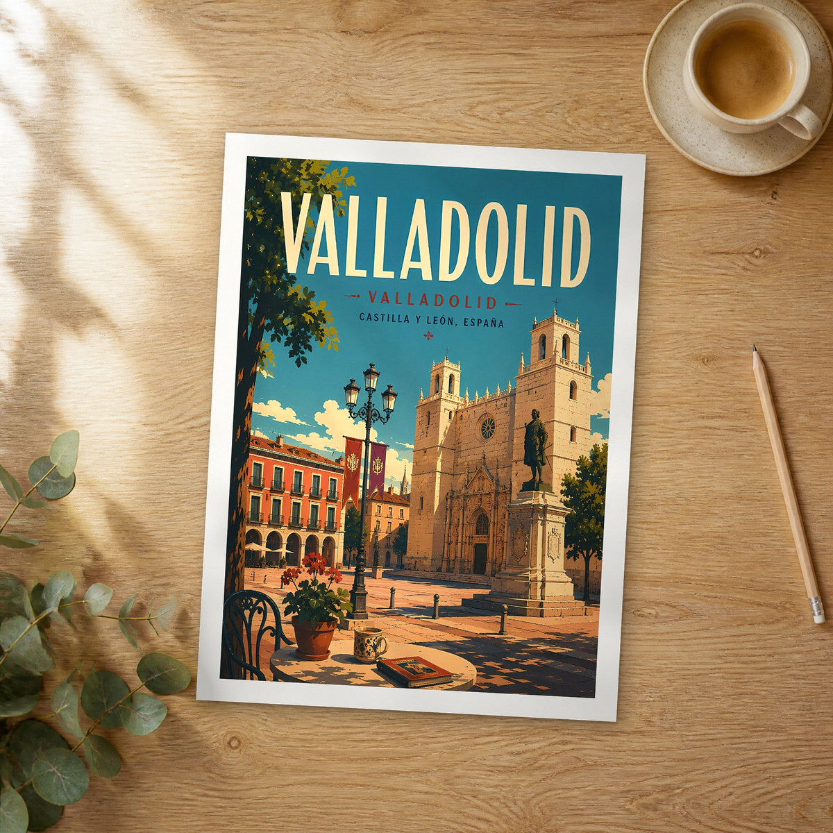 Unframed Valladolid retro travel poster on a wooden table