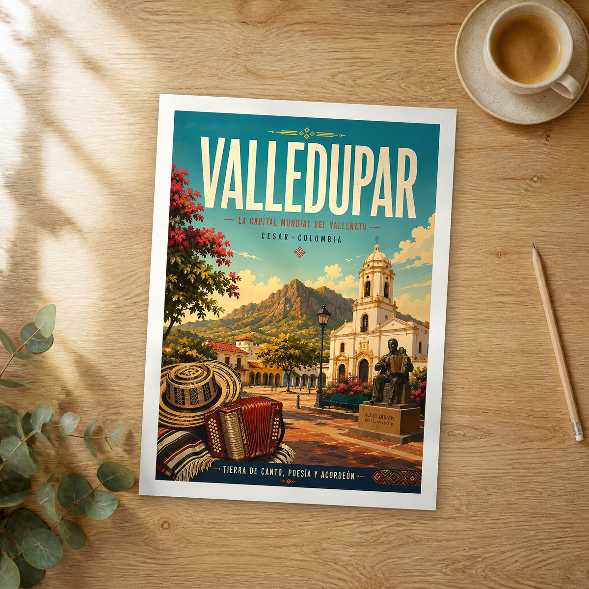 Unframed Valledupar retro travel poster on a wooden table