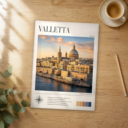 Unframed Valletta modern photography travel poster on a wooden table