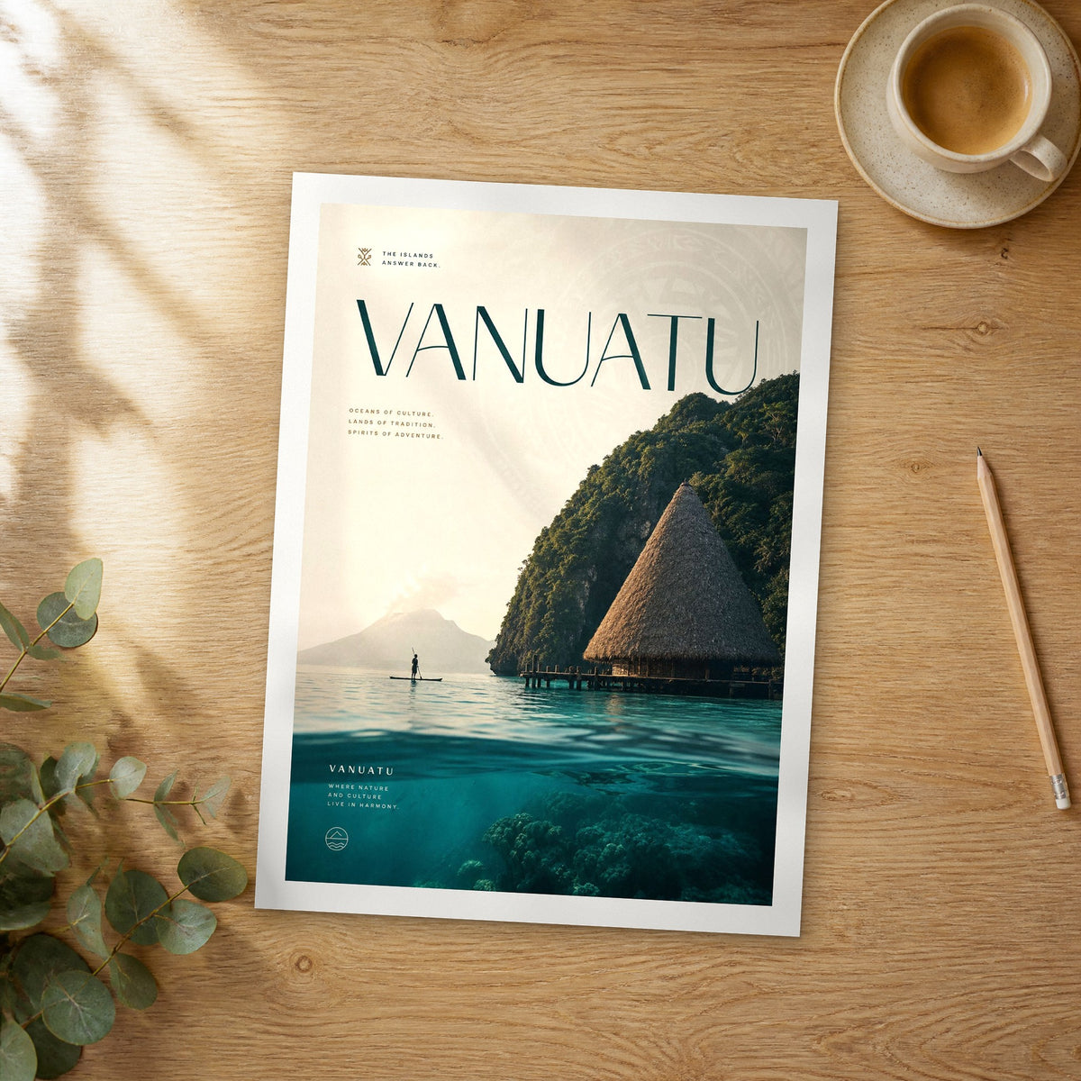 Unframed Vanuatu bold typography travel poster on a wooden table