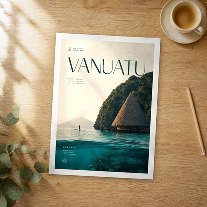 Unframed Vanuatu bold typography travel poster on a wooden table