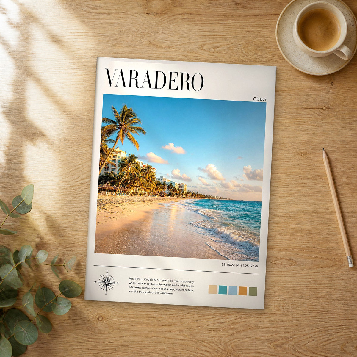 Unframed Varadero modern photography travel poster on a wooden table