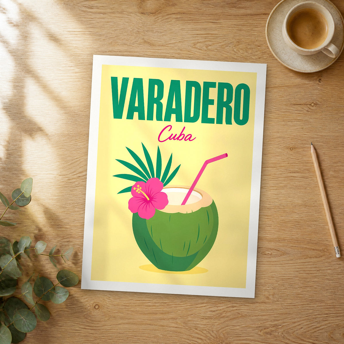 Unframed Varadero pop art travel poster on a wooden table