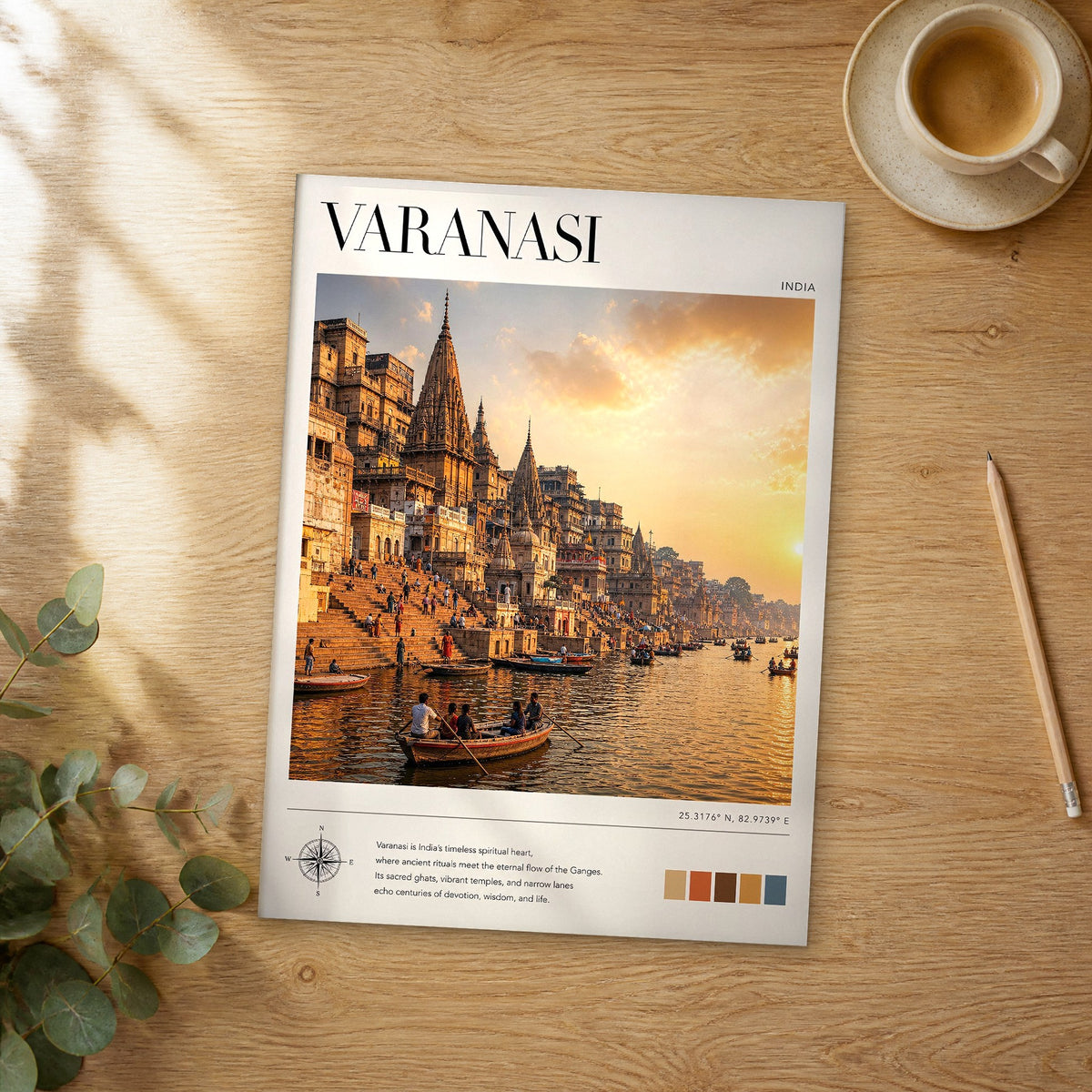 Unframed Varanasi modern photography travel poster on a wooden table