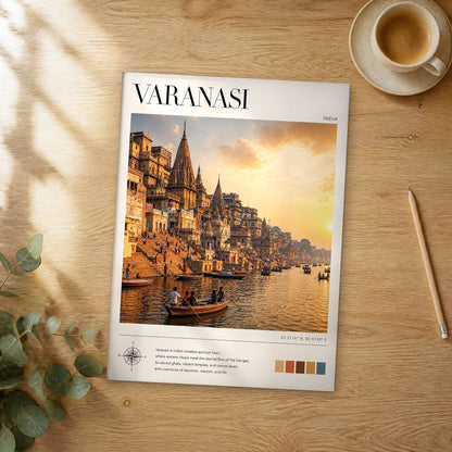 Unframed Varanasi modern photography travel poster on a wooden table