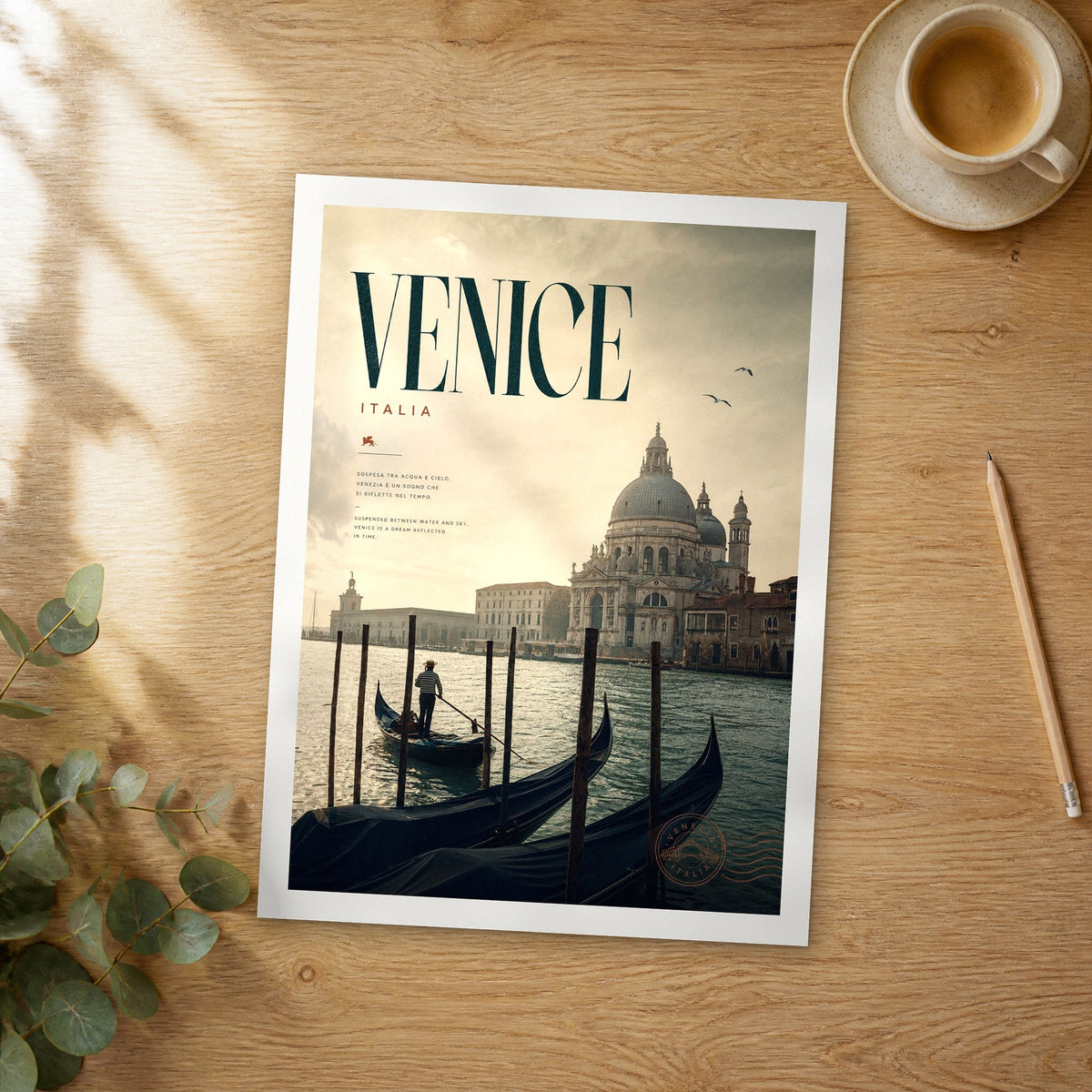 Unframed Venice bold typography travel poster on a wooden table