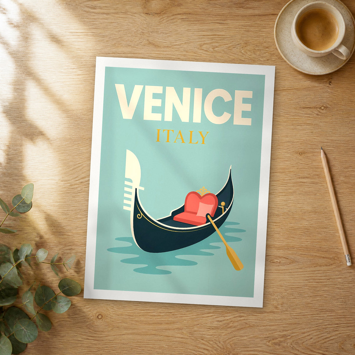 Unframed Venice pop art travel poster on a wooden table