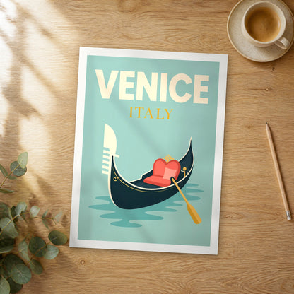 Unframed Venice pop art travel poster on a wooden table