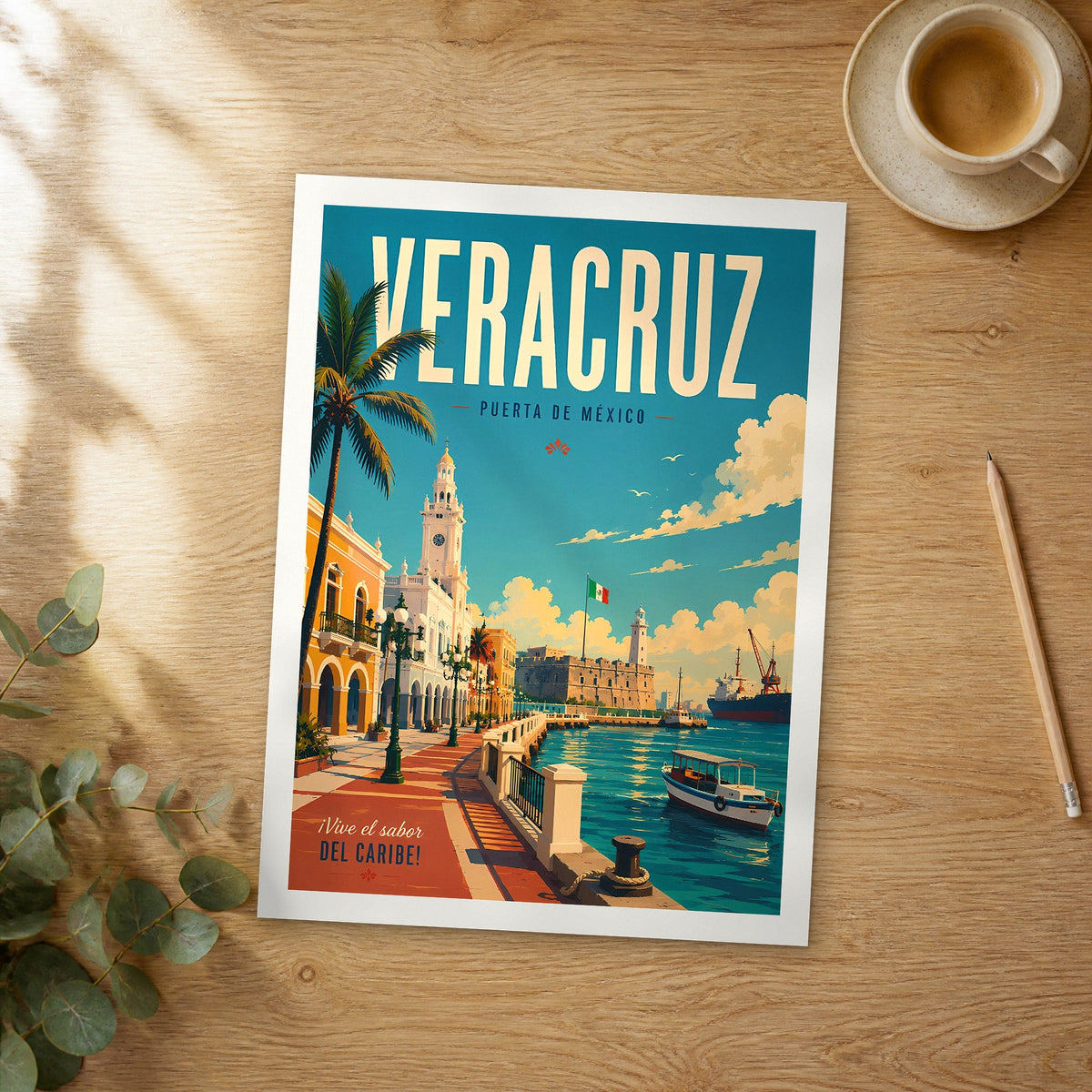 Unframed Veracruz retro travel poster on a wooden table