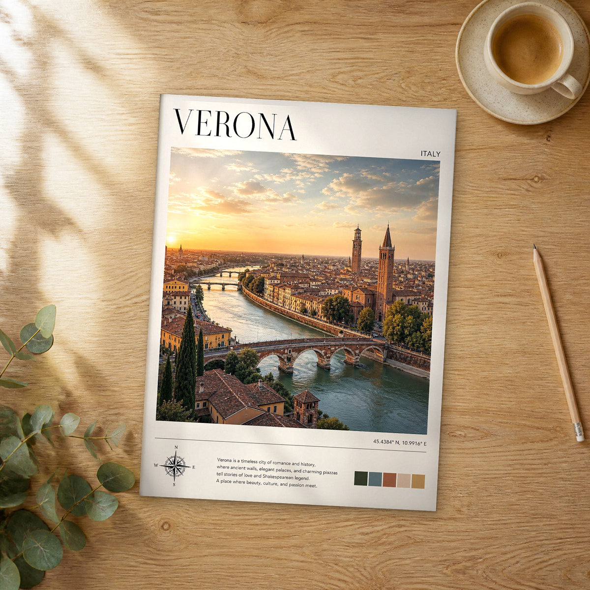 Unframed Verona modern photography travel poster on a wooden table