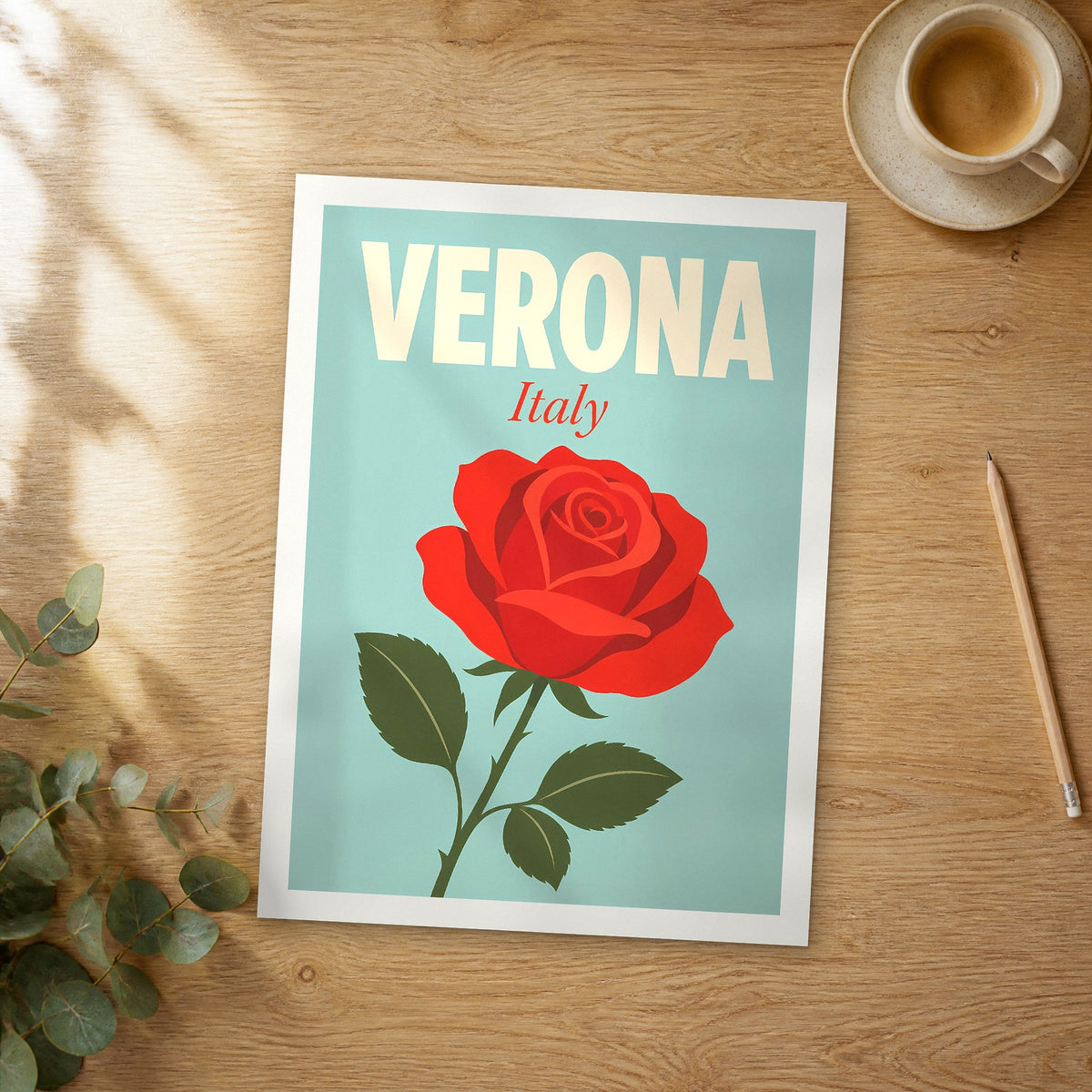 Unframed Verona pop art travel poster on a wooden table