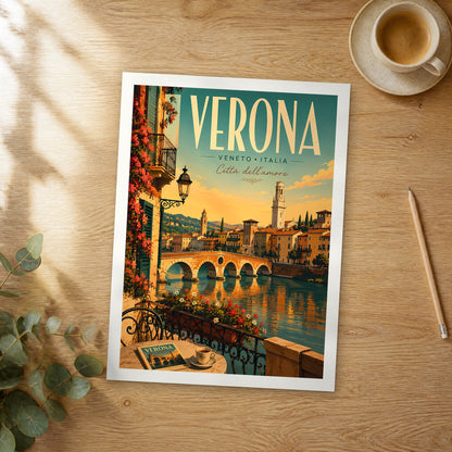 Unframed Verona retro travel poster on a wooden table