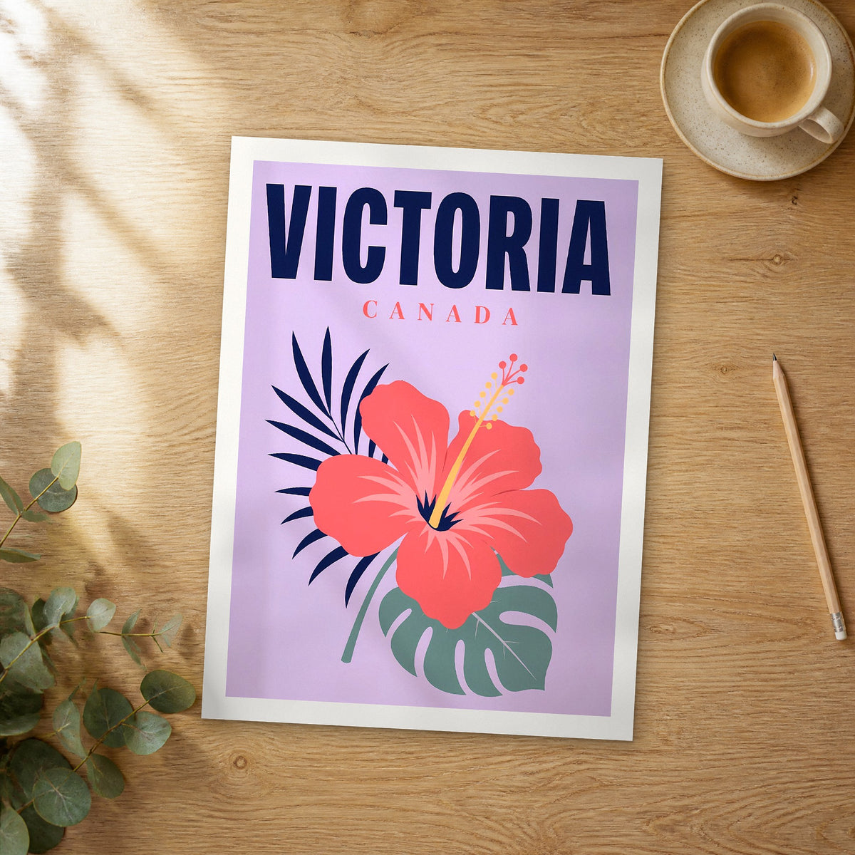 Unframed Victoria pop art travel poster on a wooden table
