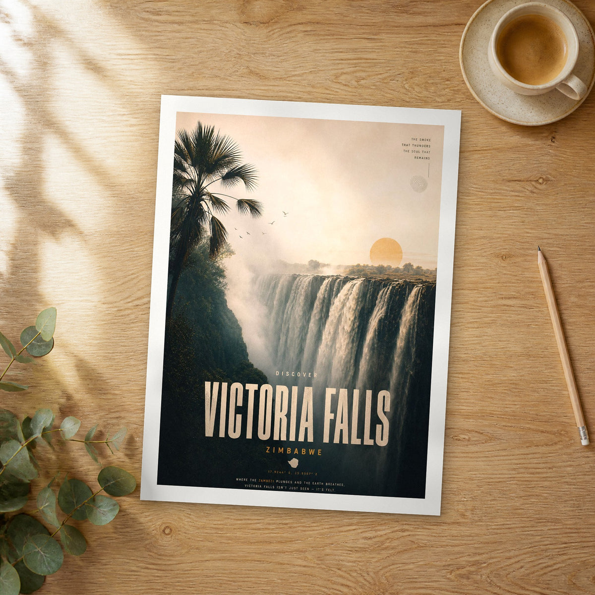 Unframed Victoria Falls Falls at Sunset bold typography travel poster on a wooden table