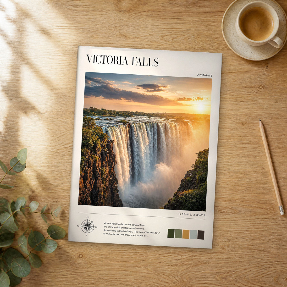 Unframed Victoria Falls modern photography travel poster on a wooden table