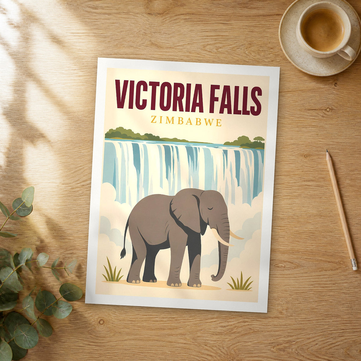 Unframed Victoria Falls pop art travel poster on a wooden table