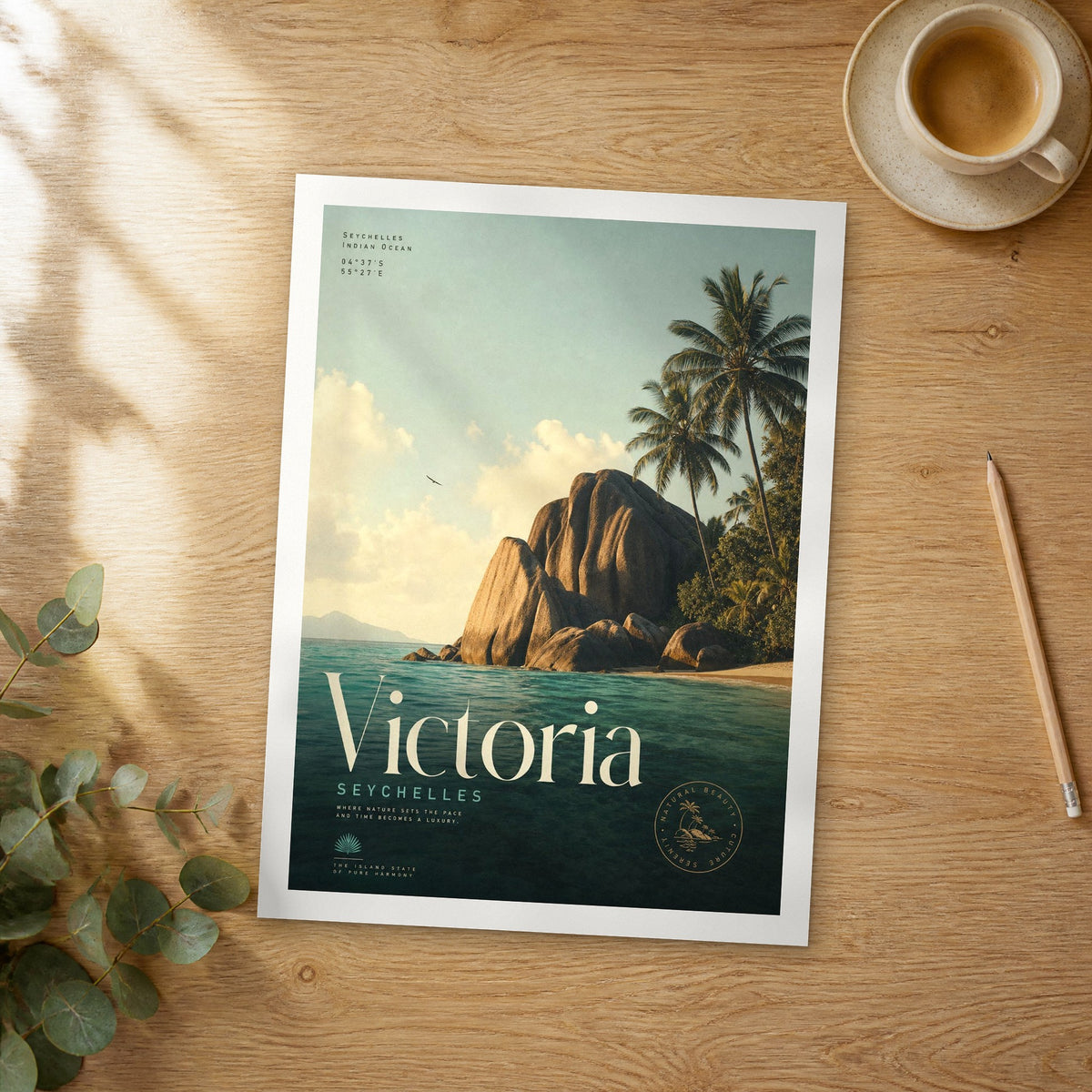 Unframed Victoria bold typography travel poster on a wooden table