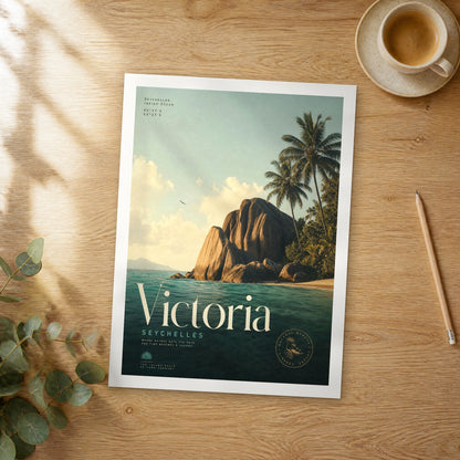 Unframed Victoria bold typography travel poster on a wooden table