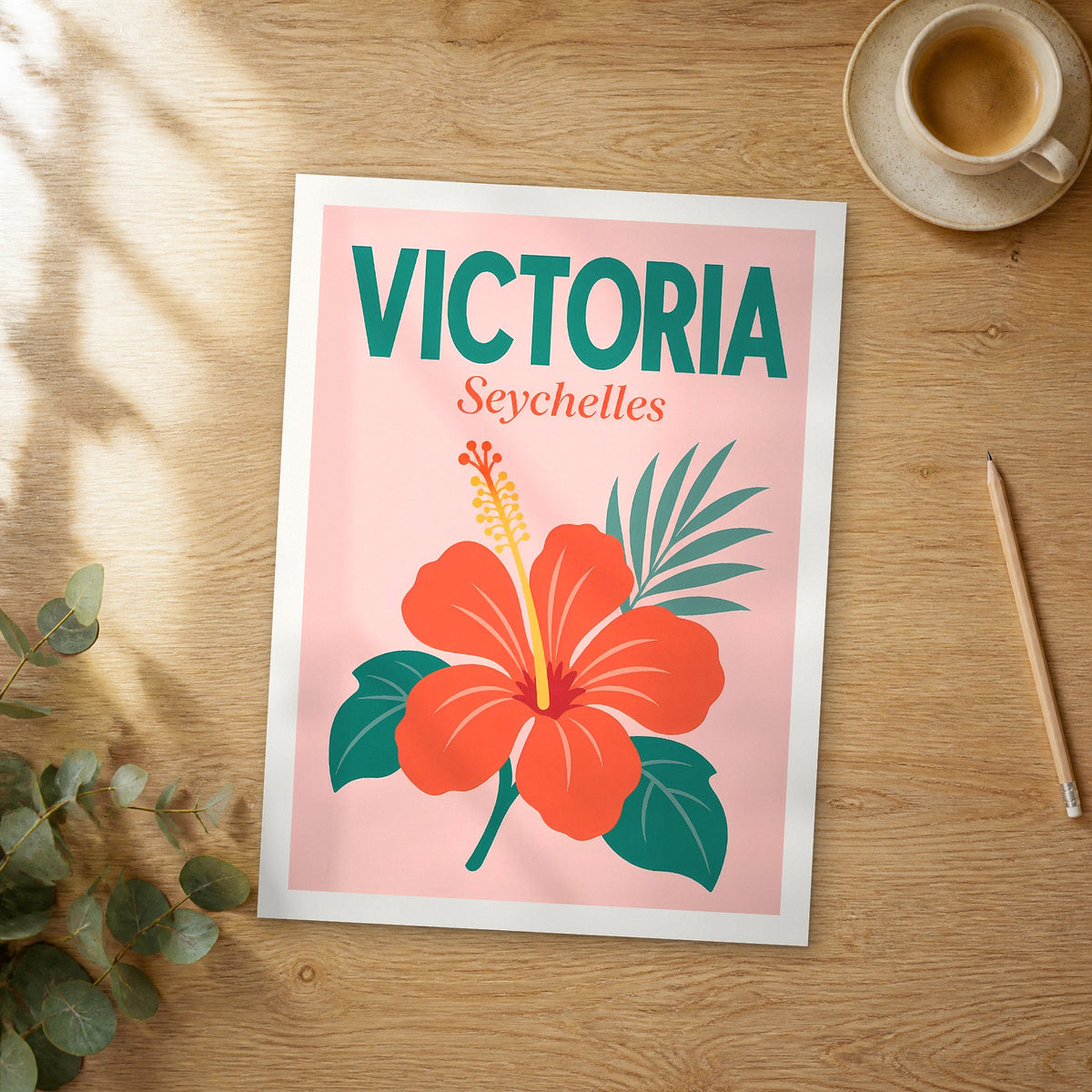 Unframed Victoria pop art travel poster on a wooden table