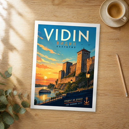 Unframed Vidin retro travel poster on a wooden table