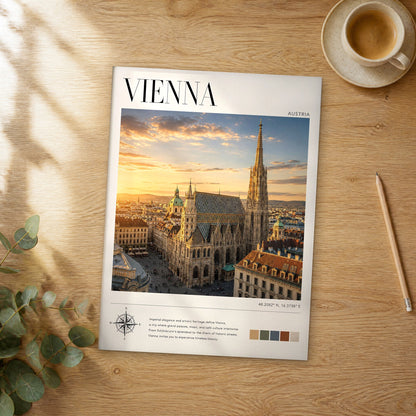 Unframed Vienna modern photography travel poster on a wooden table