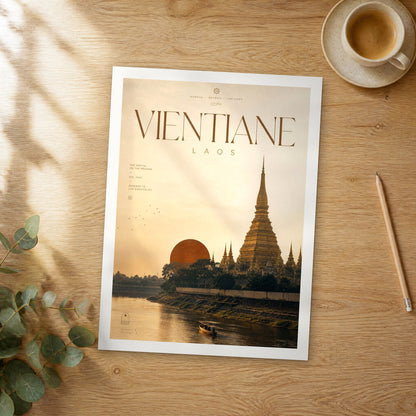 Unframed Vientiane bold typography travel poster on a wooden table