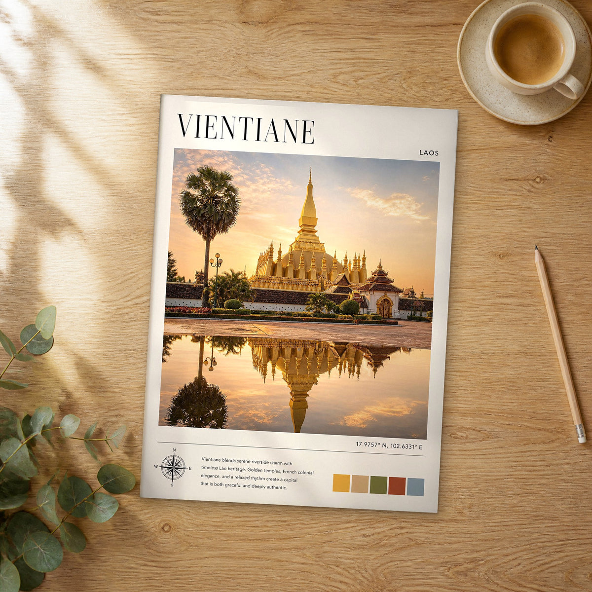Unframed Vientiane modern photography travel poster on a wooden table