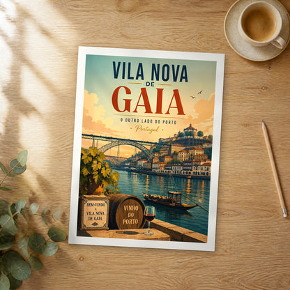 Unframed Vila Nova de Gaia retro travel poster on a wooden table