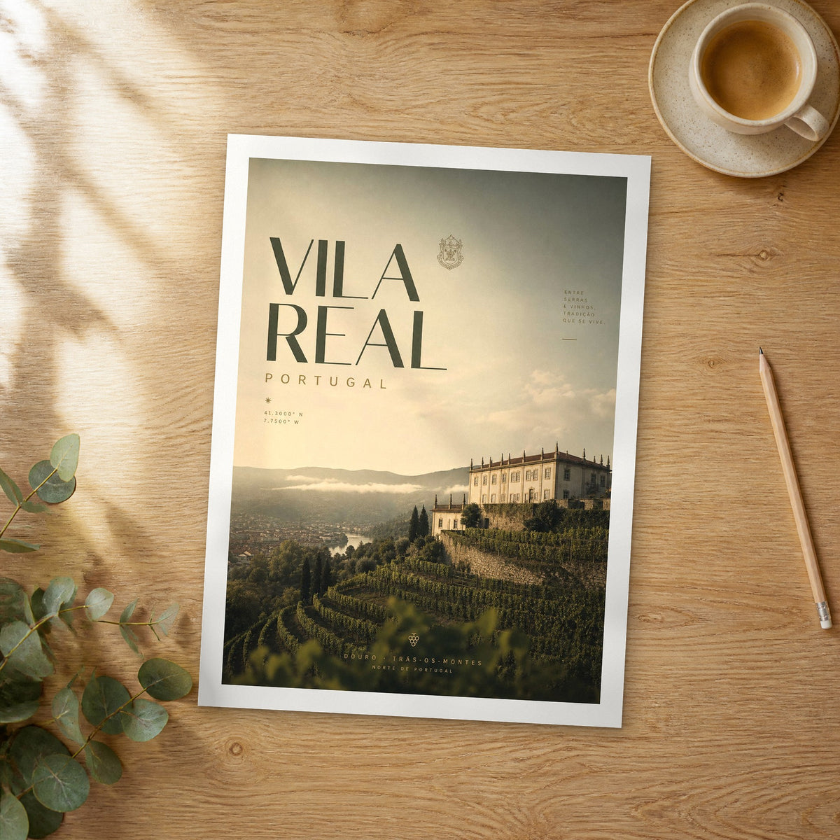 Unframed Vila Real bold typography travel poster on a wooden table