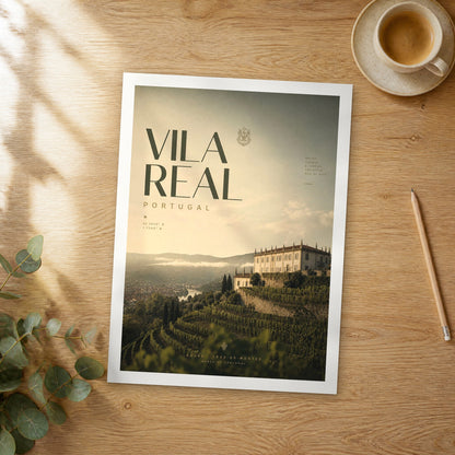 Unframed Vila Real bold typography travel poster on a wooden table