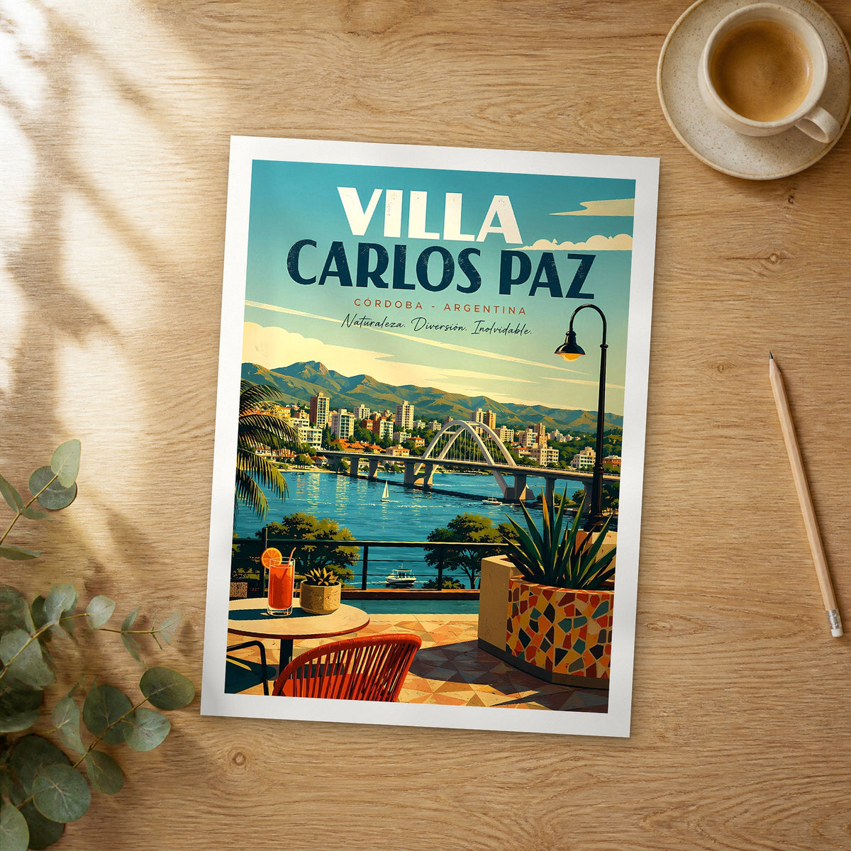 Unframed Villa Carlos Paz retro travel poster on a wooden table