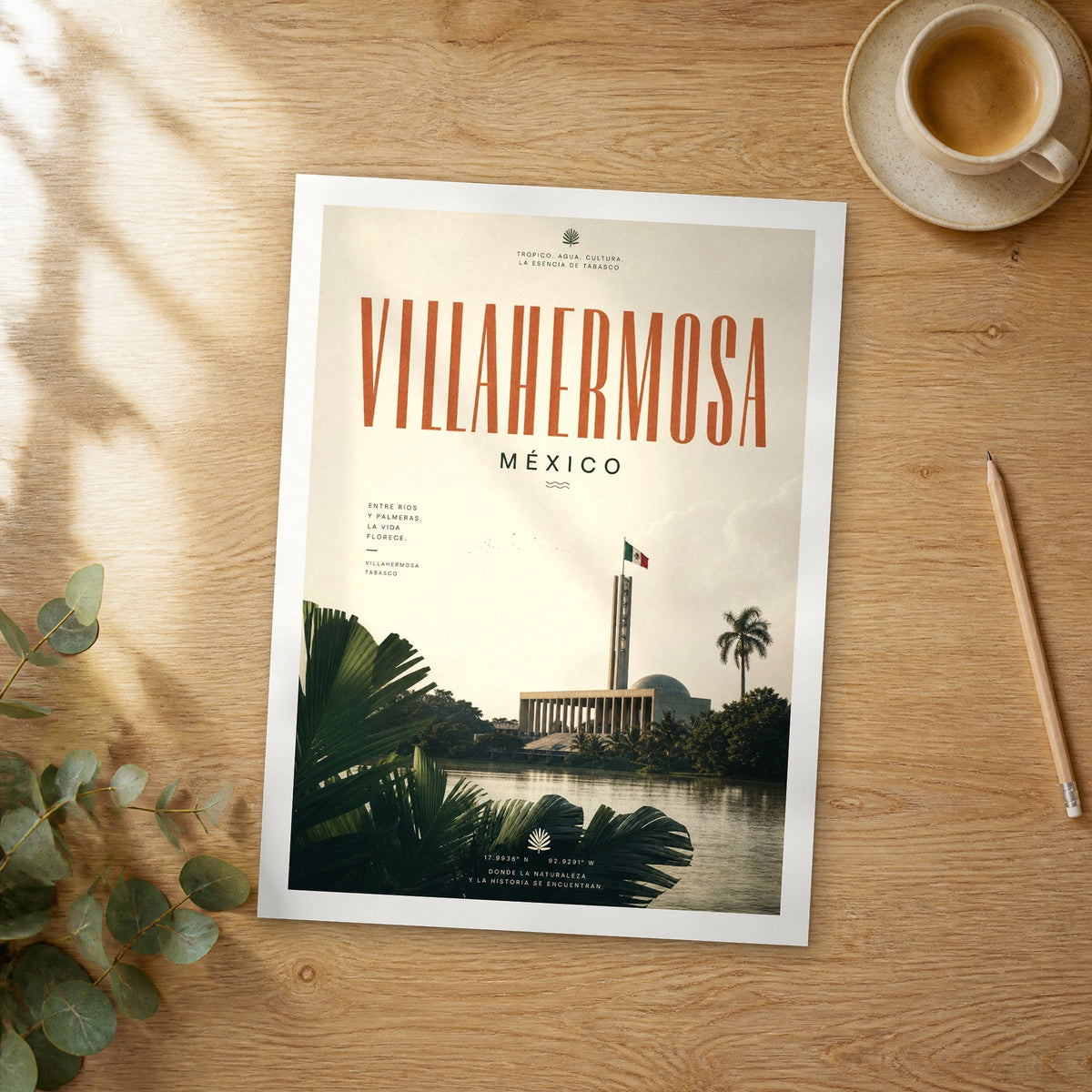 Unframed Villahermosa bold typography travel poster on a wooden table