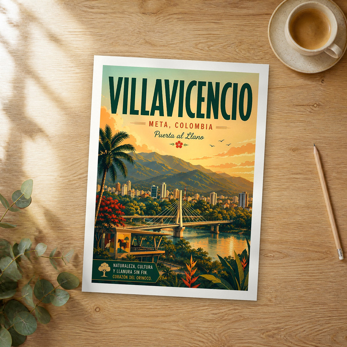 Unframed Villavicencio Cable-Stayed Bridge Skyline retro travel poster on a wooden table