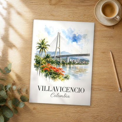 Unframed Villavicencio Cable-Stayed Bridge watercolor travel poster on a wooden table