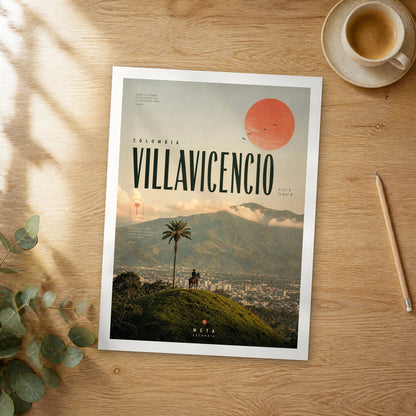 Unframed Villavicencio Horseman Over City bold typography travel poster on a wooden table