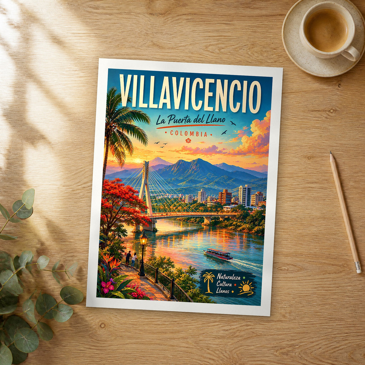 Unframed Villavicencio Riverside Promenade Sunset retro travel poster on a wooden table