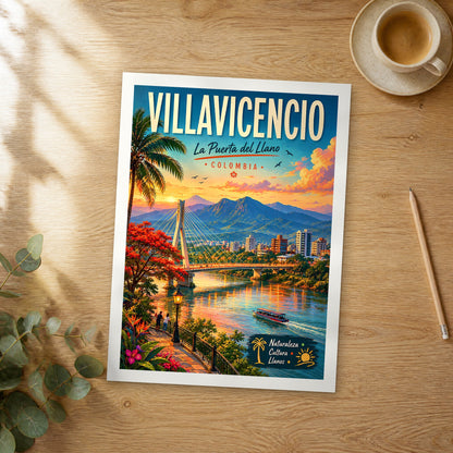 Unframed Villavicencio Riverside Promenade Sunset retro travel poster on a wooden table