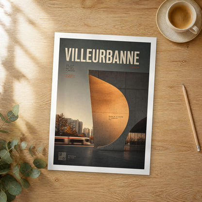 Unframed Villeurbanne bold typography travel poster on a wooden table