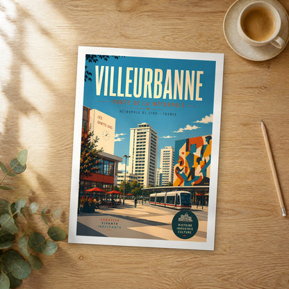 Unframed Villeurbanne retro travel poster on a wooden table