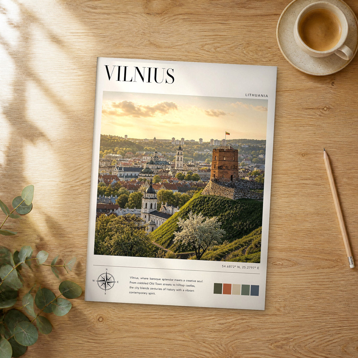 Unframed Vilnius modern photography travel poster on a wooden table