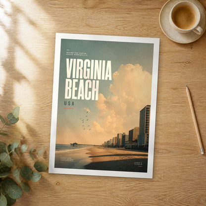 Unframed Virginia Beach bold typography travel poster on a wooden table