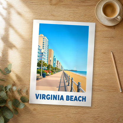 Unframed Virginia Beach modern digital travel poster on a wooden table