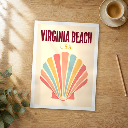 Unframed Virginia Beach pop art travel poster on a wooden table